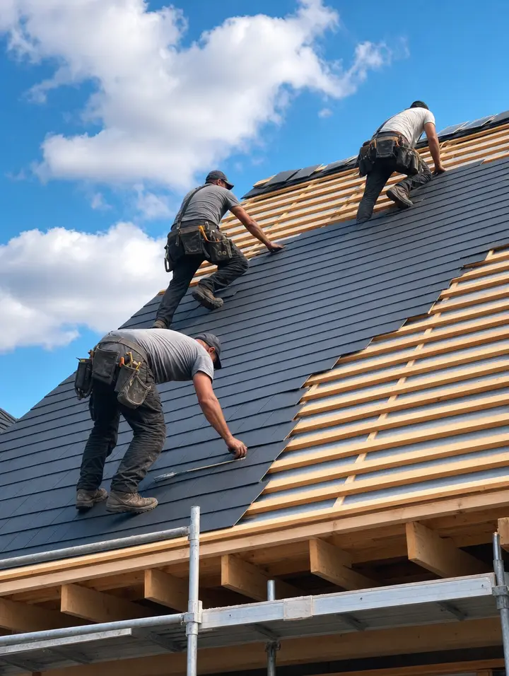 Crew installing a new shingle roof