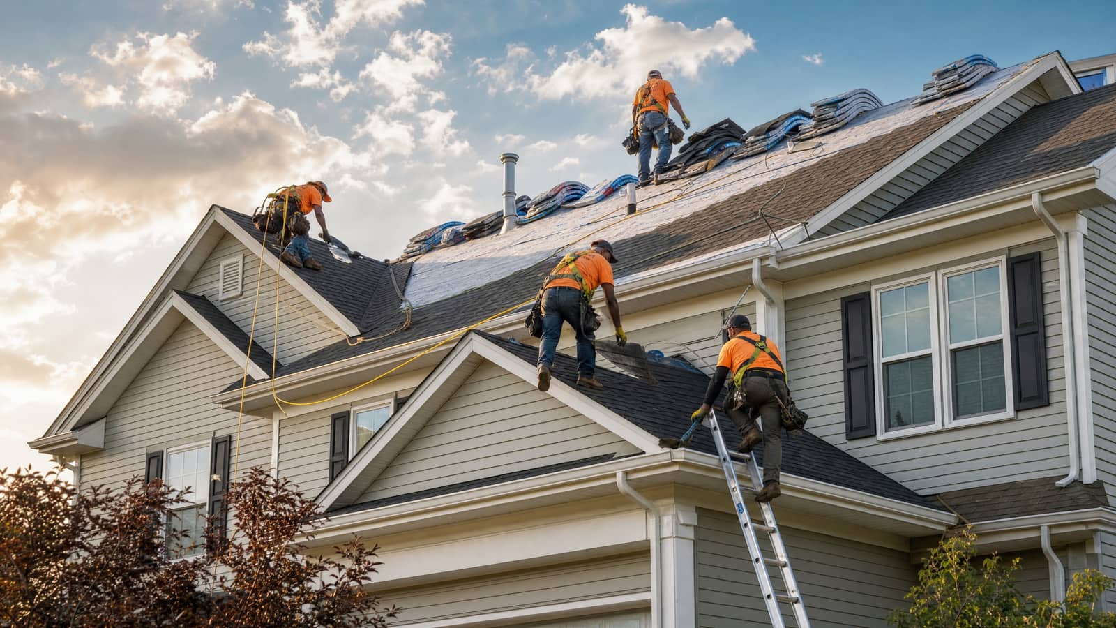 Roofing crew installing architectural shingles on a Baton Rouge home