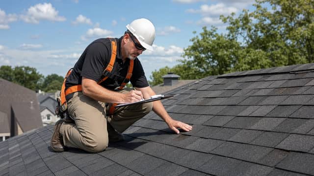 Roof inspector examining shingles and taking notes on a residential roof